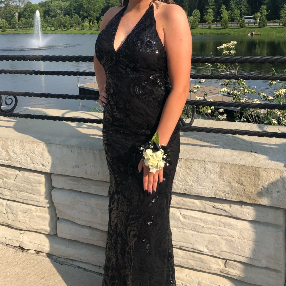 Black Halter Backless Sequin Long Prom Dress